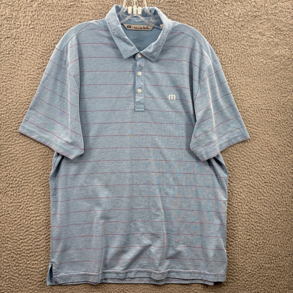 Travis Mathew Polo Shirt Men L Blue Striped Pima Cotton Blend Golf Short Sleeve